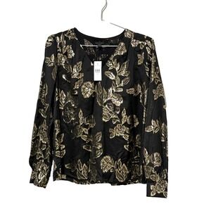 Ann Taylor Black Gold Metallic Floral Blouse Top XS NWT Shimmer V-Neck Holiday